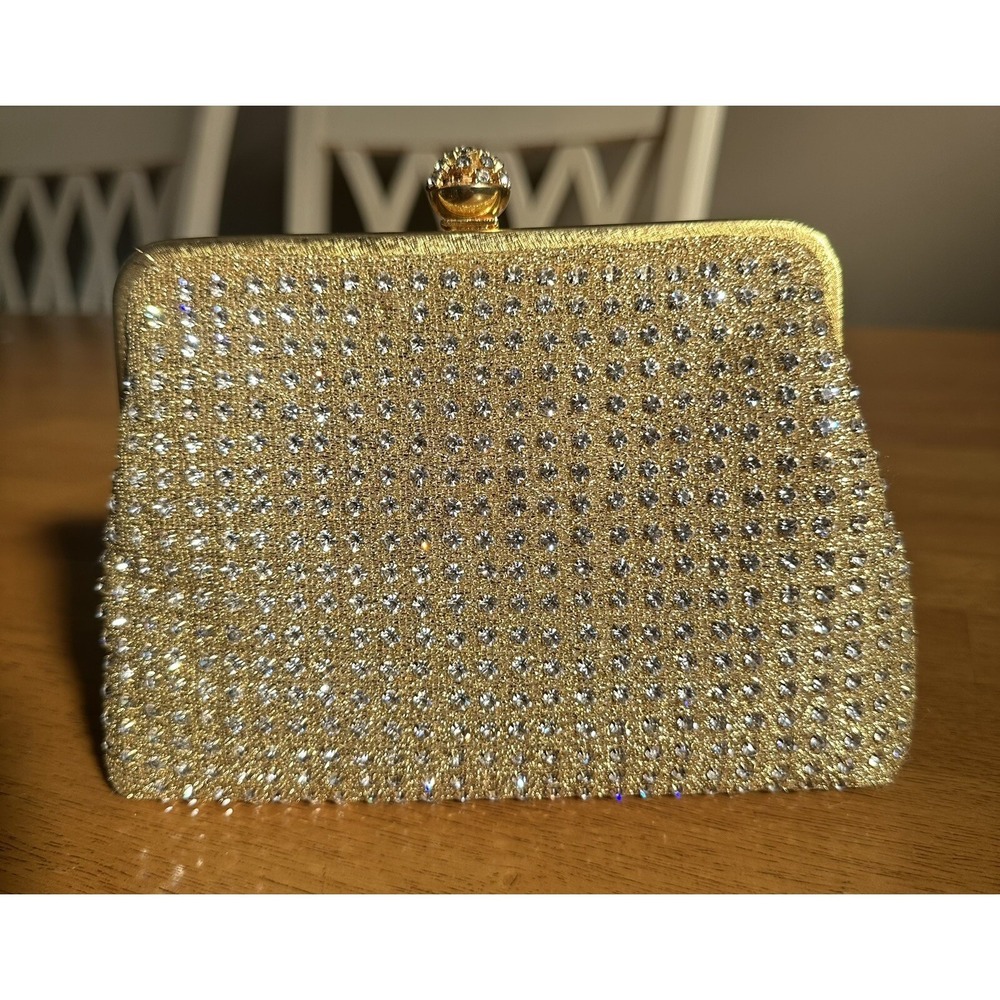 VINTAGE LA REGALE GOLD & CRYSTAL RHINESTONE EVENING CLUTCH HANDBAG